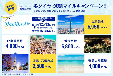 ANAは、バニラエア特典航空券で減額マイルキャンペーンを開催、台北線が6,800マイル！